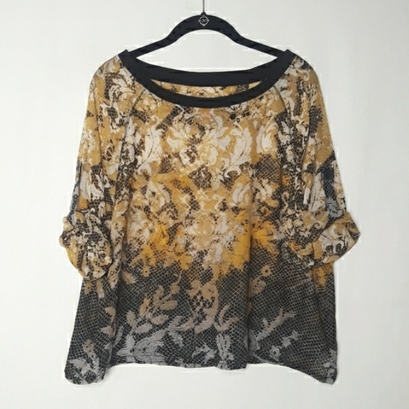 SUNSET RD. Yellow Black Print Semi Sheer Large Top - Picture 2 of 9